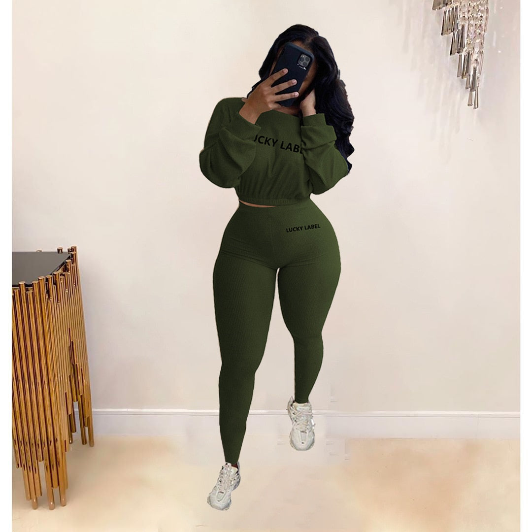 Two Piece Ribbed Tracksuits Long Sleeve Sweatshirt and Skinny Pants Set