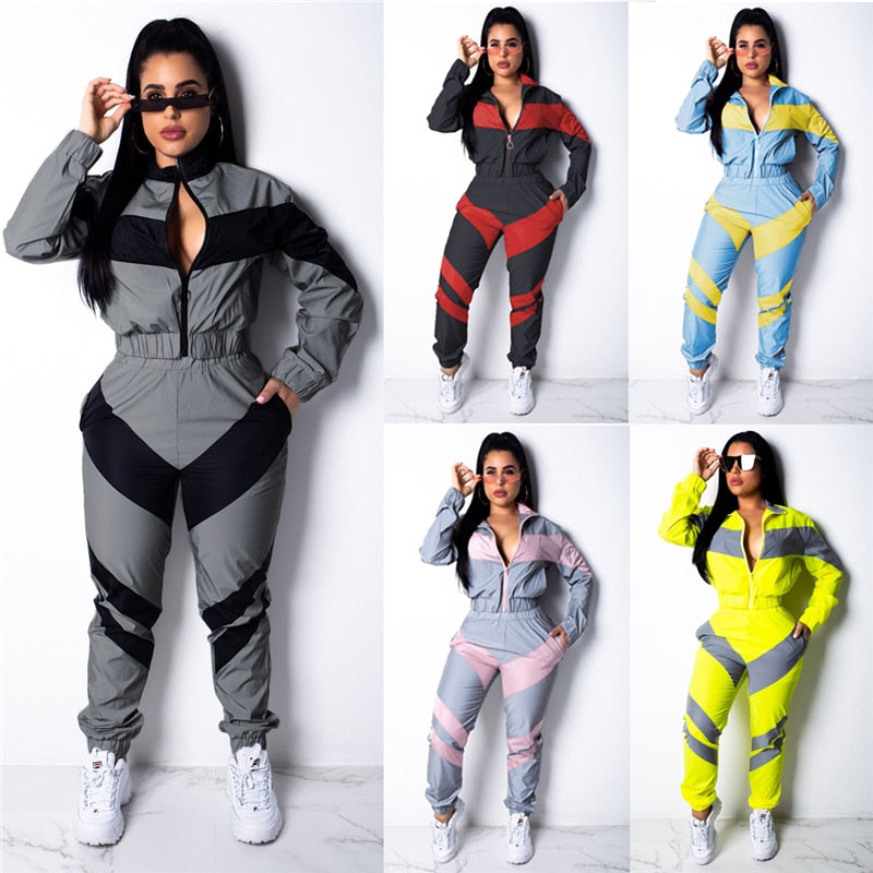 Reflective Two Piece Set Women Tracksuit Spring Clothes Zipper Jacket Crop Top and Pants Sets