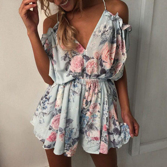 Bohemian Style Playsuit Floral Print Sexy Rompers Short Overalls Top Macacao Casual