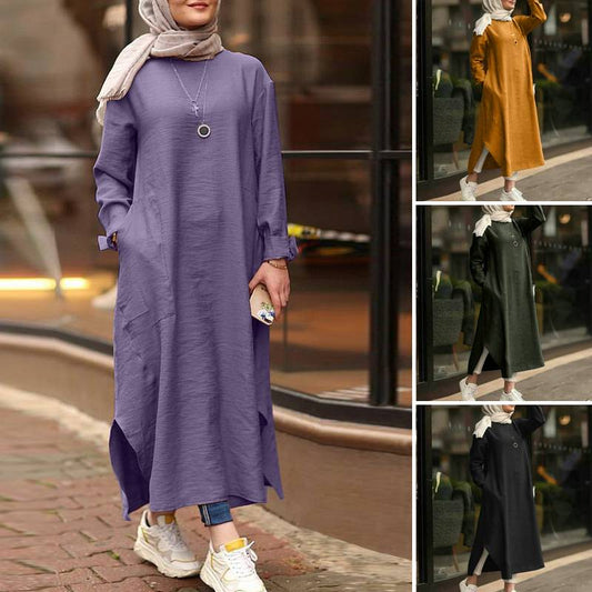ZANZEA 2022 Kaftan Muslim Maxi Islamic Sundress Long Sleeve  Casual Solid Robe Femme