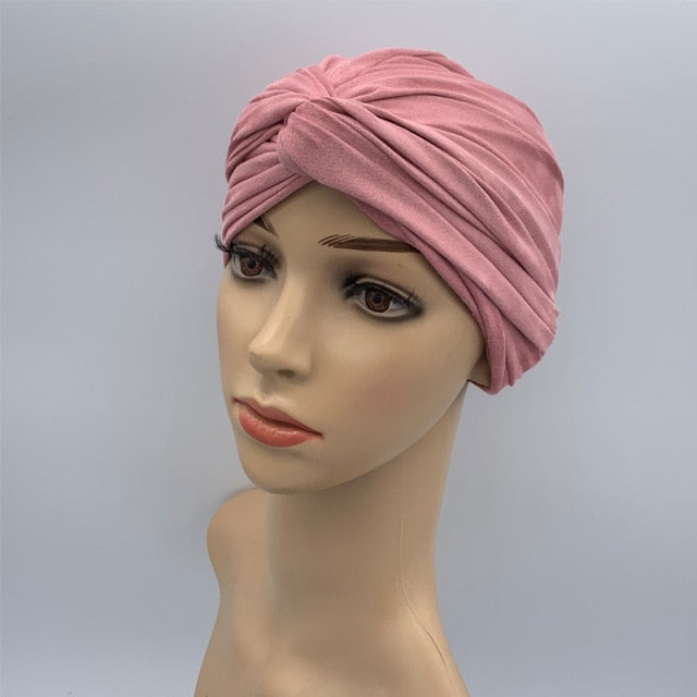 2022 Trendy suede turban caps for women plain color muslim hijab scarf india african head wraps turbante mujer headscarf bonnet