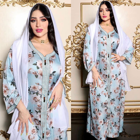 Floral Abaya Dress 2022 Dubai Arab Turkey Morocco Kaftan Islamic Clothing India Gown Robe